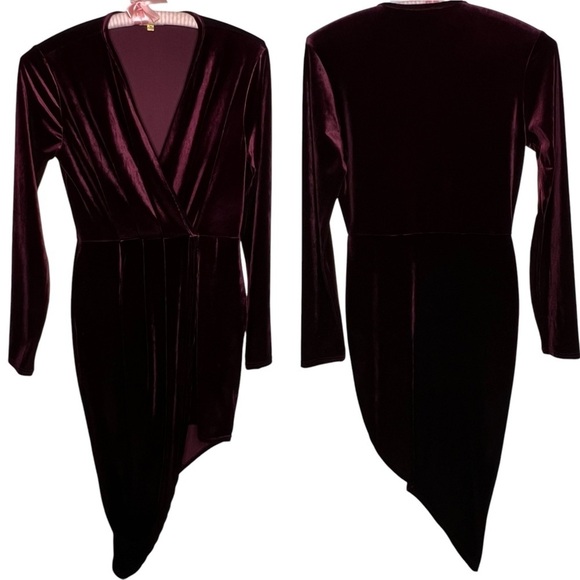 Shinestar Gold Velvet Long Sleeve V Neck Faux Wrap Dress Plum Hi Low Hem Size M - Picture 1 of 14